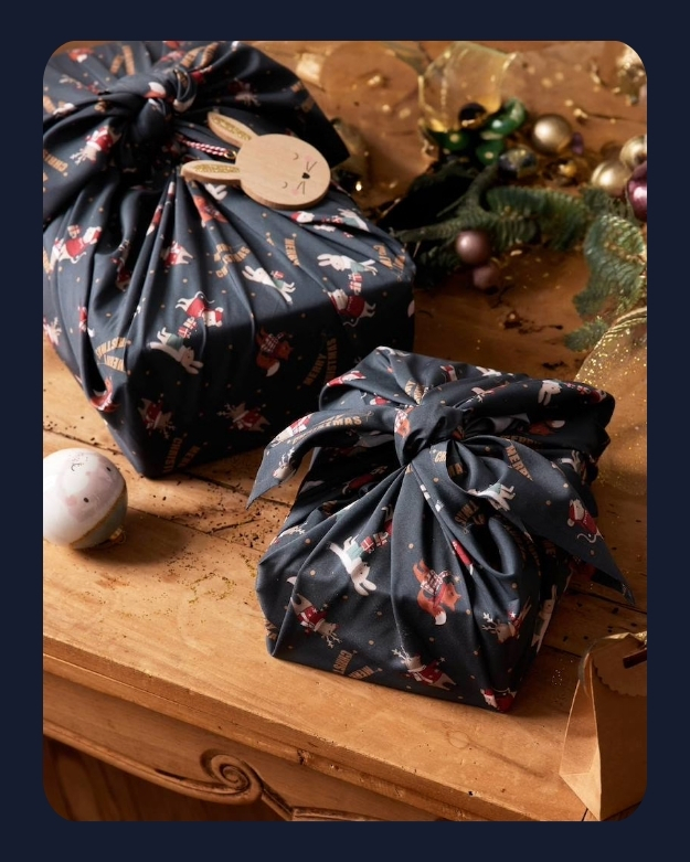 2er-Set Furoshiki-Geschenktücher Weihnachtsmann und Freunde - blau bedruckt